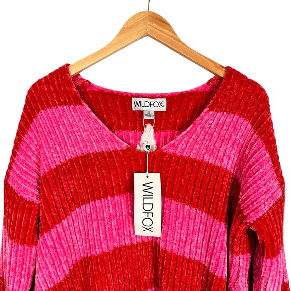 NWT Wildfox Heavy Chenille Red Pink Striped Oversized V-neck Knit Sweater Size S - Picture 7 of 16